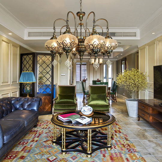 Bohemia Clear Crackle Glass Lantern Suspension Lamp - Bronze Chandelier with 8 Lights