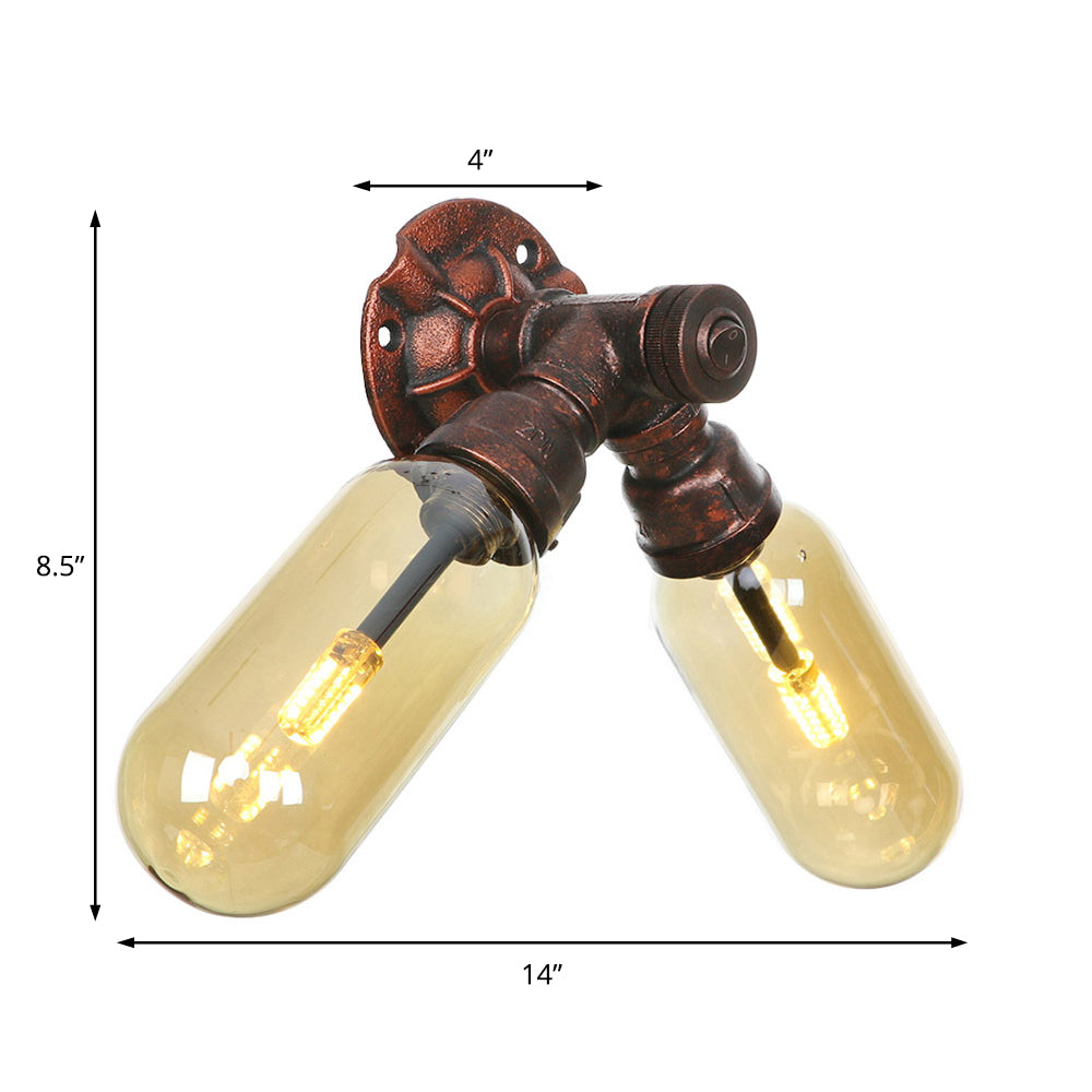 Vintage Copper Pipe Wall Sconce with 2 LED Lights for Living Room