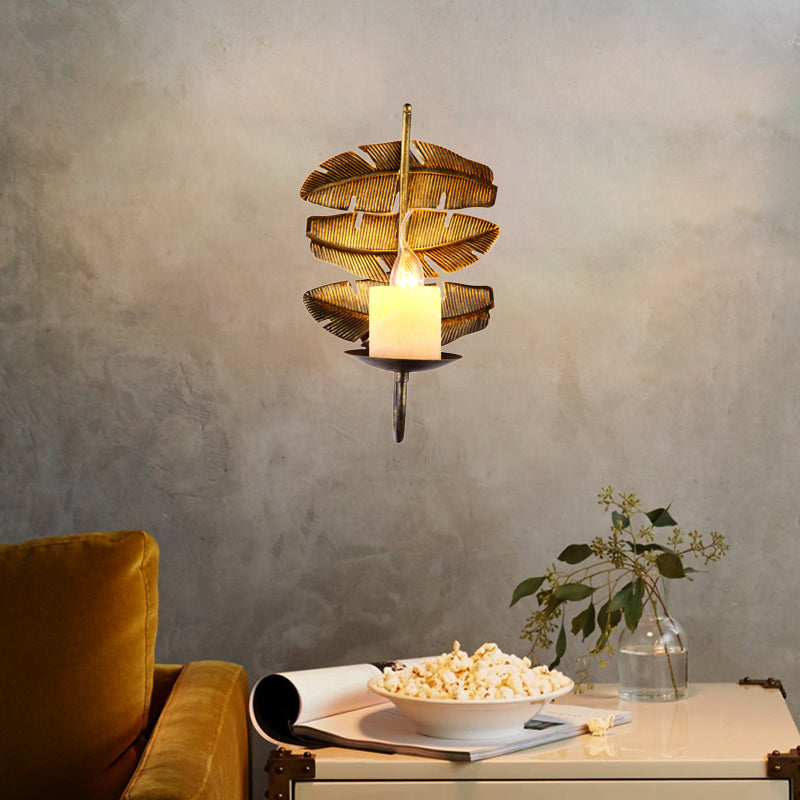 Vintage Leaf Sconce - Metal Wall Lamp Fixture with Marble Shade and Brass Finish