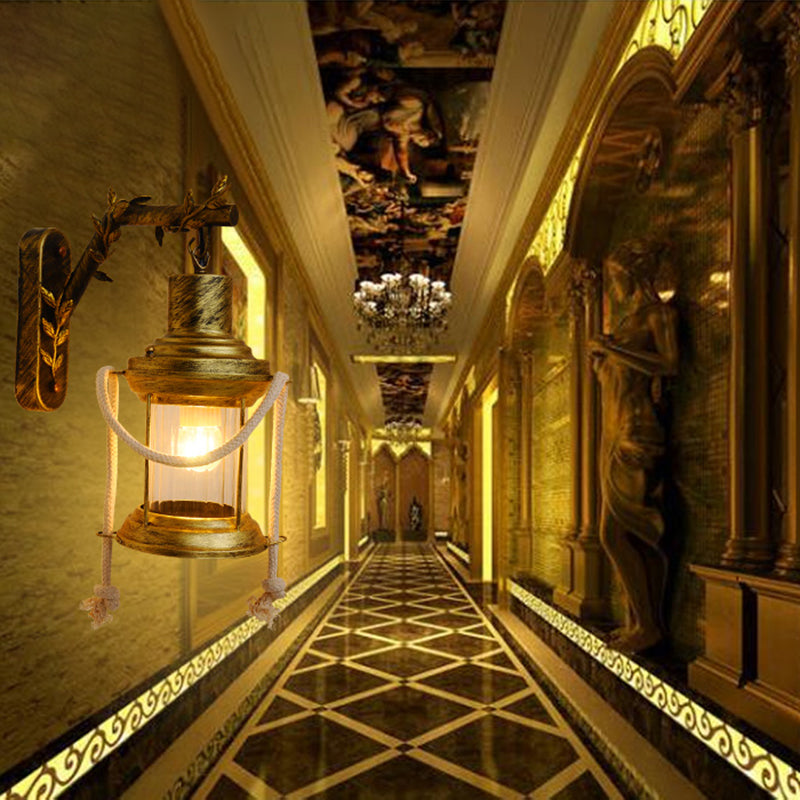 Farmhouse Metal Lantern Sconce - Brass Wall Mount Light with Branch Arm