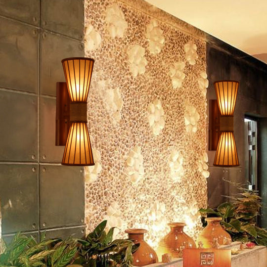 Asian Style Wall Mounted Bamboo Lamps with 2 Heads for Restaurants: Red Brown Hourglass Design