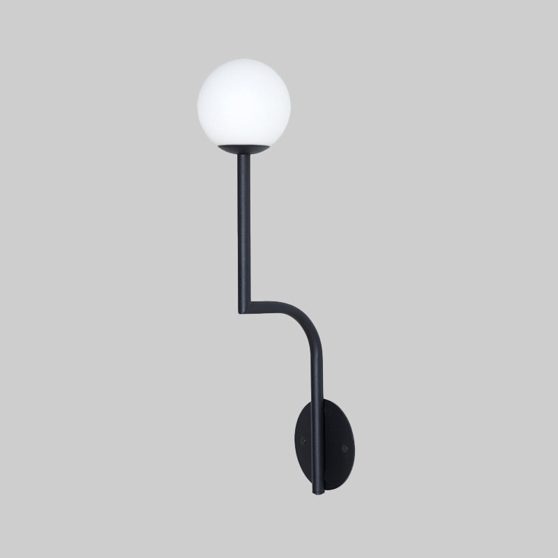 Minimalist Opal Glass Wall Sconce with Long Curved Arm - Single Bulb Lamp in Black/Gold