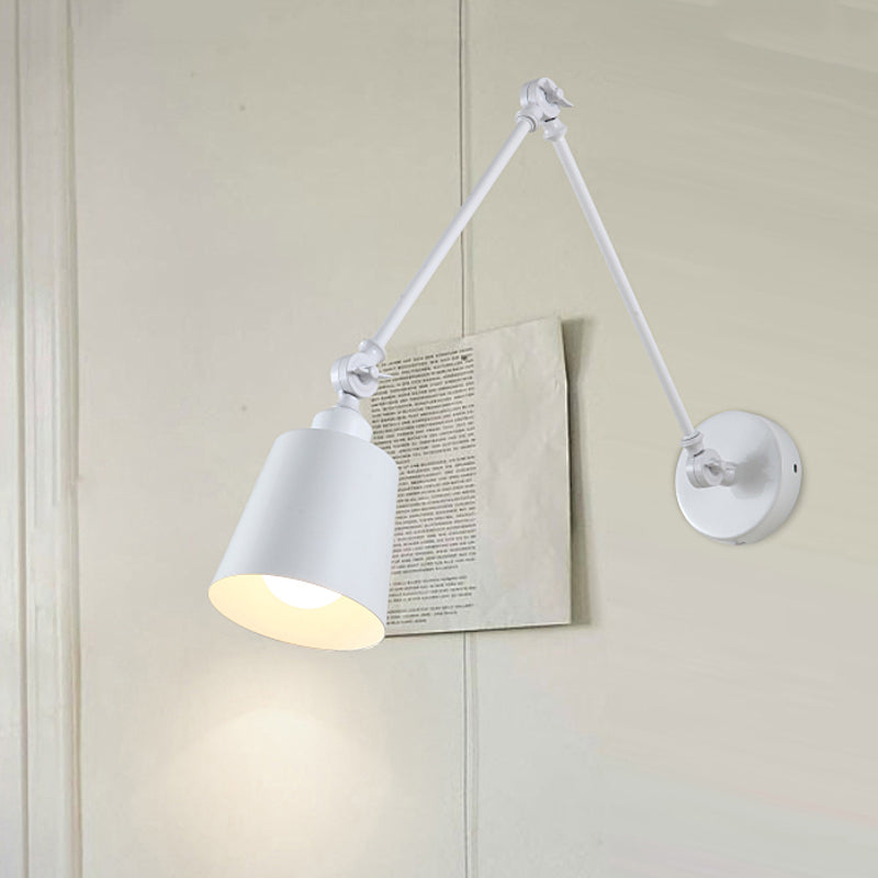 Nordic Iron Swing Arm Wall Reading Light: Single Black/White Sconce with Tapered Shade