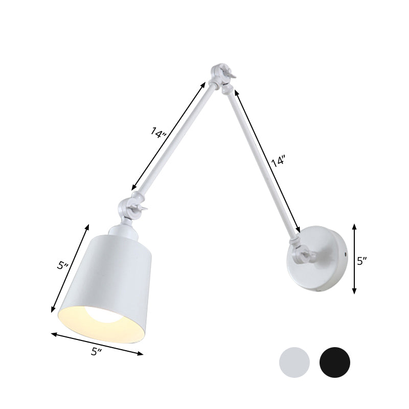 Nordic Iron Swing Arm Wall Reading Light: Single Black/White Sconce with Tapered Shade