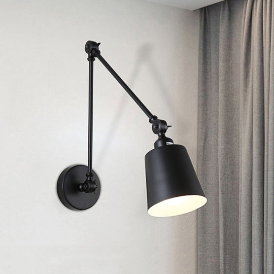 Nordic Iron Swing Arm Wall Reading Light: Single Black/White Sconce with Tapered Shade