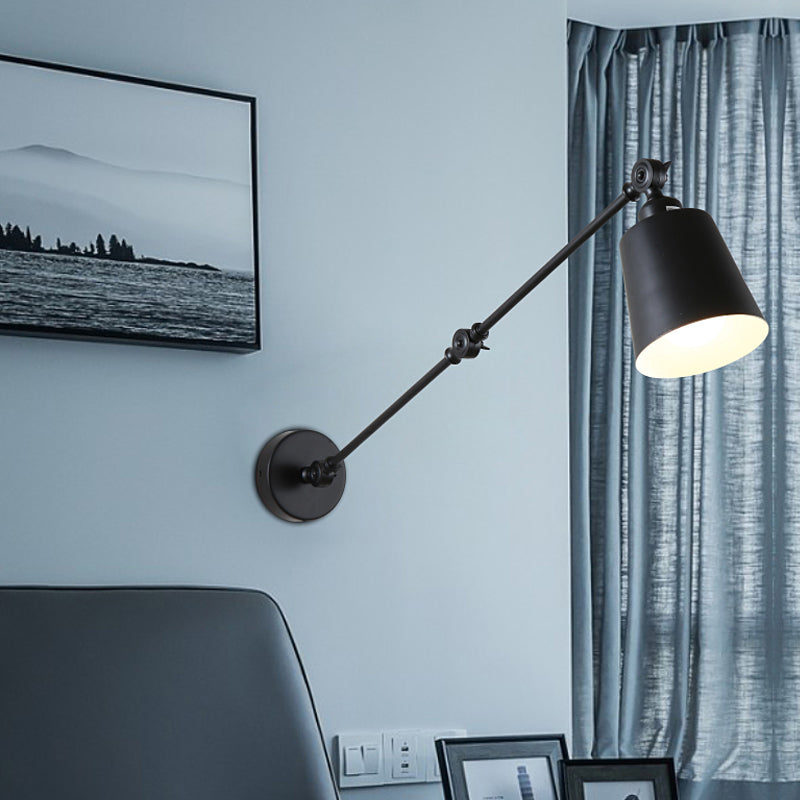 Nordic Iron Swing Arm Wall Reading Light: Single Black/White Sconce with Tapered Shade