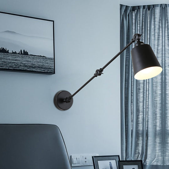 Nordic Iron Swing Arm Wall Reading Light: Single Black/White Sconce with Tapered Shade