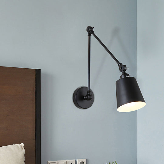 Nordic Iron Swing Arm Wall Reading Light: Single Black/White Sconce with Tapered Shade