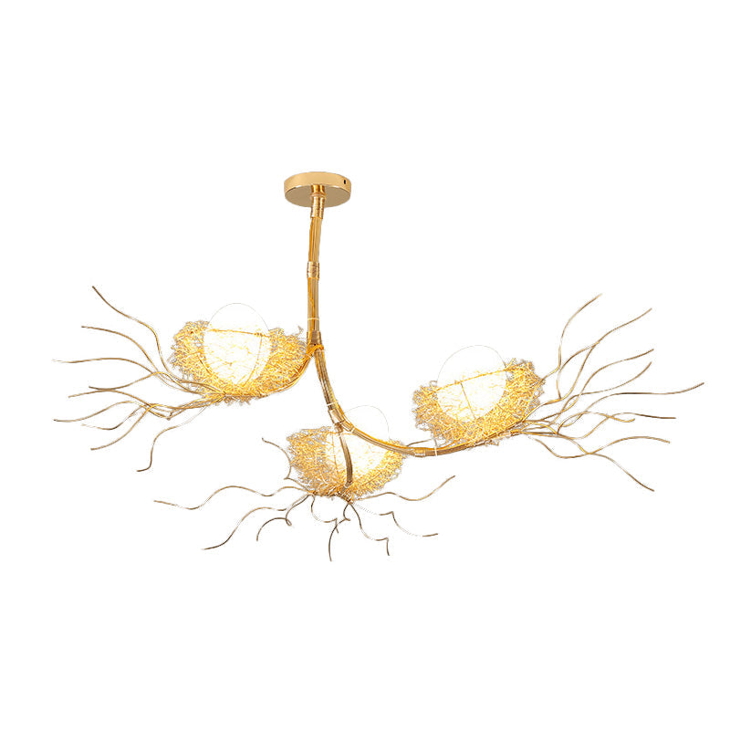 Contemporary Gold Metal Chandelier with Branch Design and 3 Nest & Egg Lights for Study Room