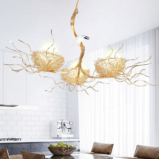 Kids Gold Chandelier - Cafe Thin Branch Pendant Lighting with Egg & Bird Accents, 3 Metal Lights