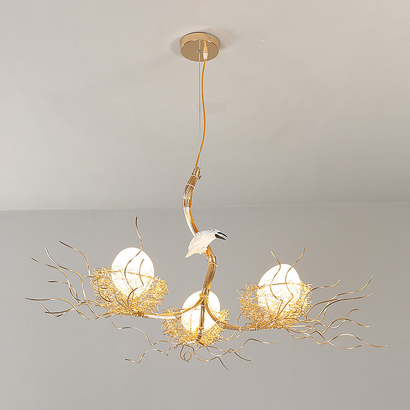 Kids Gold Chandelier - Cafe Thin Branch Pendant Lighting with Egg & Bird Accents, 3 Metal Lights
