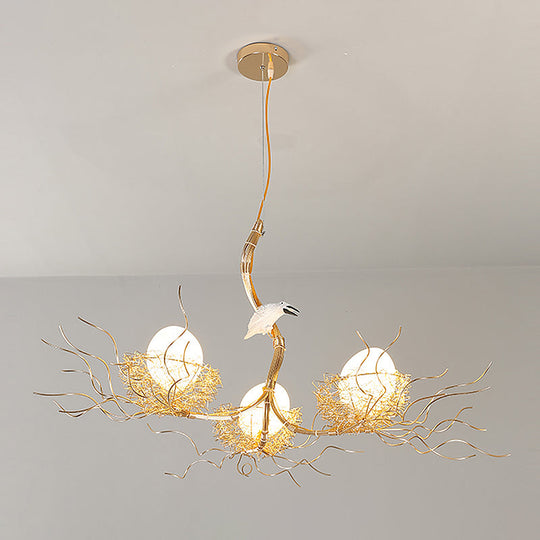 Kids Gold Chandelier - Cafe Thin Branch Pendant Lighting with Egg & Bird Accents, 3 Metal Lights