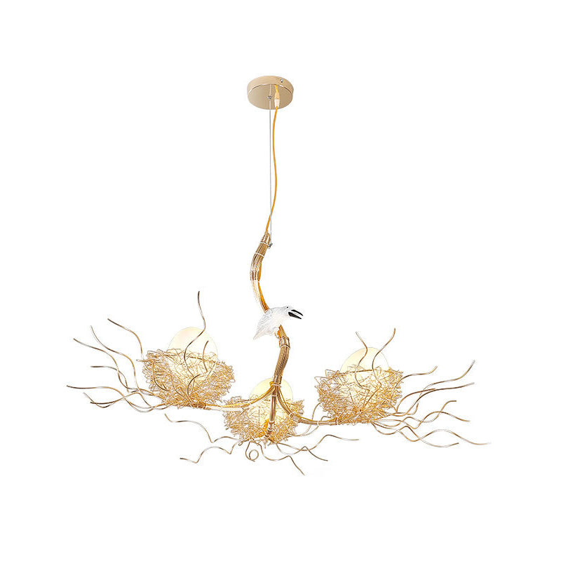 Kids Gold Chandelier - Cafe Thin Branch Pendant Lighting with Egg & Bird Accents, 3 Metal Lights