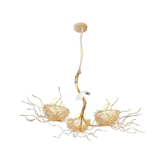 Kids Gold Chandelier - Cafe Thin Branch Pendant Lighting with Egg & Bird Accents, 3 Metal Lights