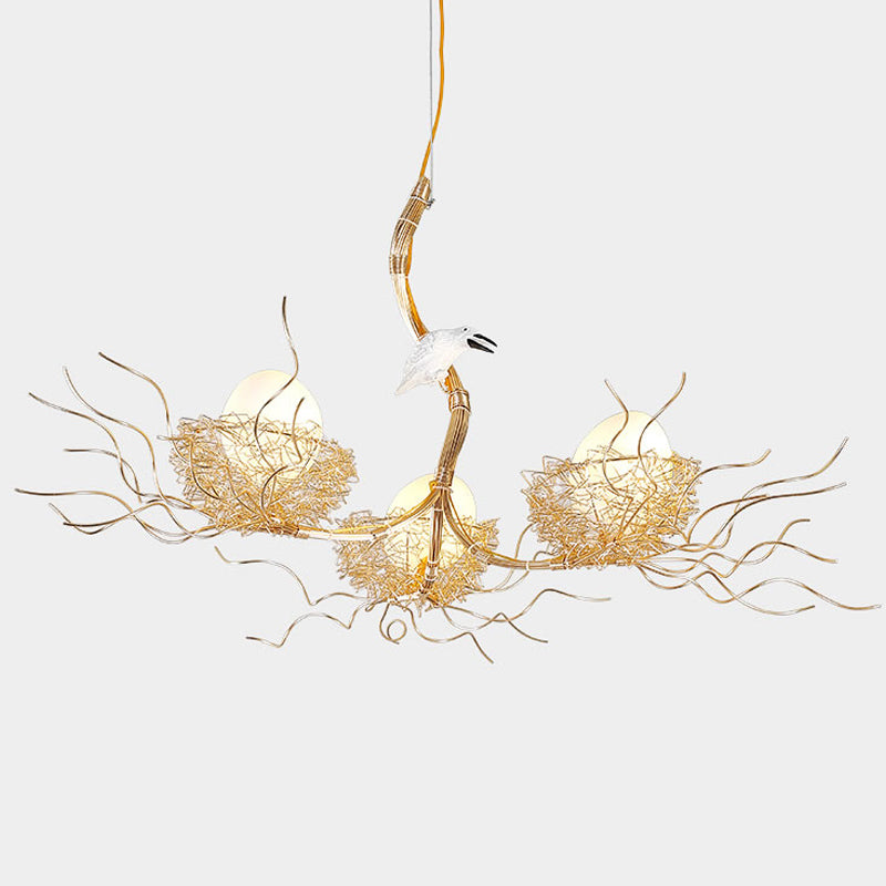 Kids Gold Chandelier - Cafe Thin Branch Pendant Lighting with Egg & Bird Accents, 3 Metal Lights