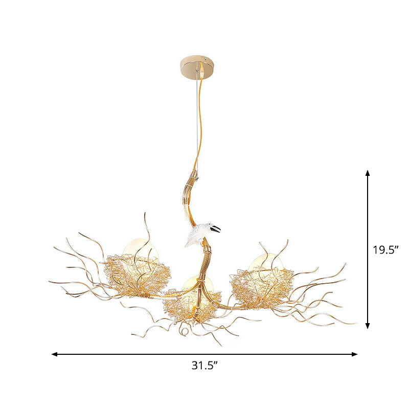 Kids Gold Chandelier - Cafe Thin Branch Pendant Lighting with Egg & Bird Accents, 3 Metal Lights