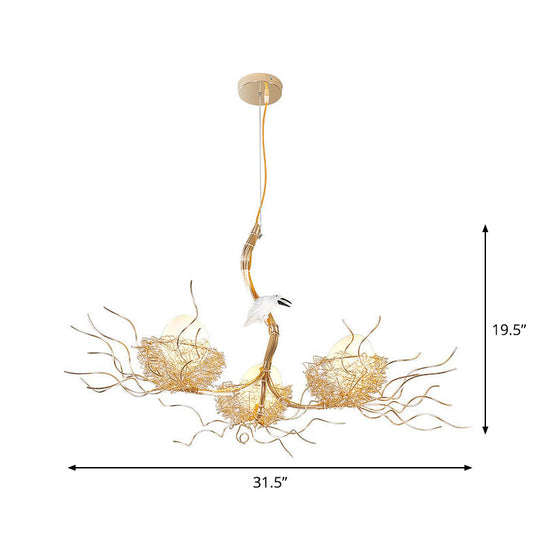 Kids Gold Chandelier - Cafe Thin Branch Pendant Lighting with Egg & Bird Accents, 3 Metal Lights