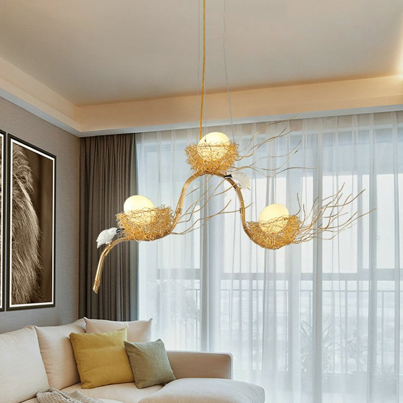 Kids Gold Chandelier - Cafe Thin Branch Pendant Lighting with Egg & Bird Accents, 3 Metal Lights