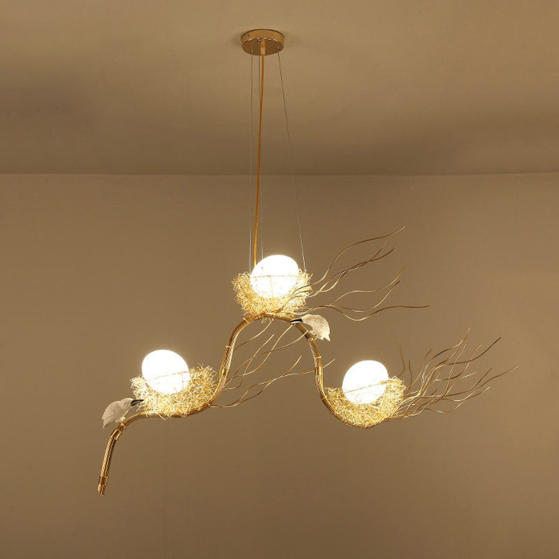 Kids Gold Chandelier - Cafe Thin Branch Pendant Lighting with Egg & Bird Accents, 3 Metal Lights
