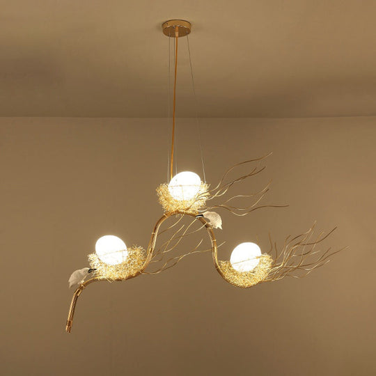 Kids Gold Chandelier - Cafe Thin Branch Pendant Lighting with Egg & Bird Accents, 3 Metal Lights