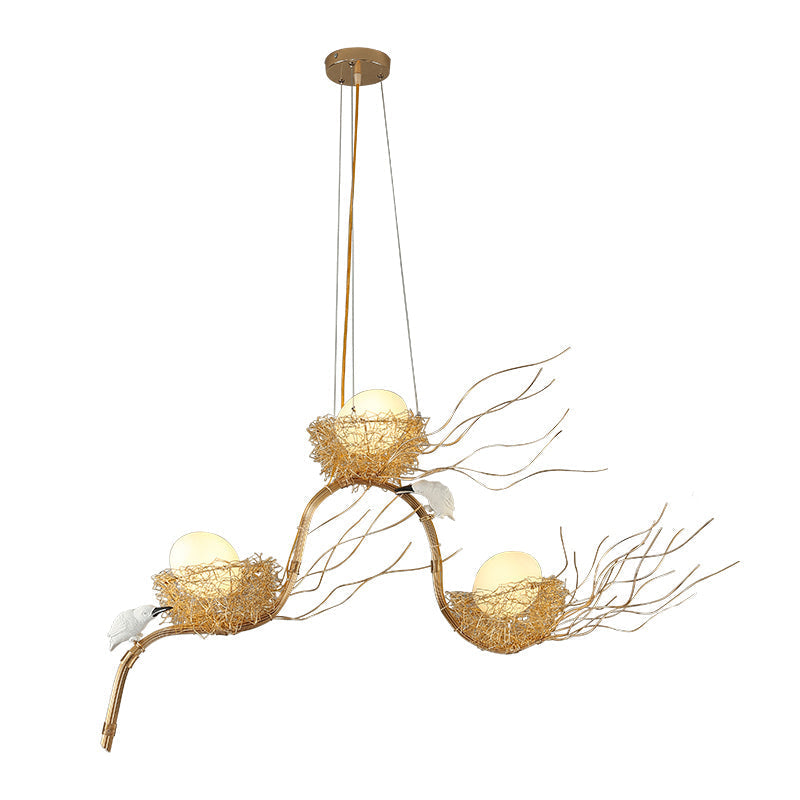Kids Gold Chandelier - Cafe Thin Branch Pendant Lighting with Egg & Bird Accents, 3 Metal Lights