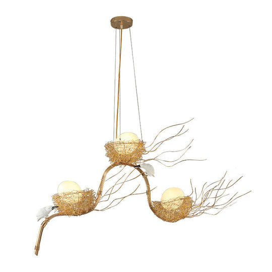 Kids Gold Chandelier - Cafe Thin Branch Pendant Lighting with Egg & Bird Accents, 3 Metal Lights