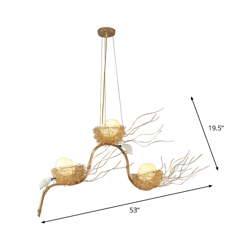 Kids Gold Chandelier - Cafe Thin Branch Pendant Lighting with Egg & Bird Accents, 3 Metal Lights