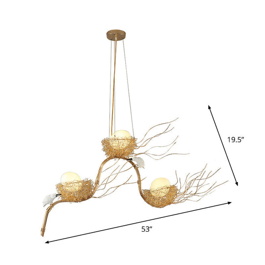 Kids Gold Chandelier - Cafe Thin Branch Pendant Lighting with Egg & Bird Accents, 3 Metal Lights