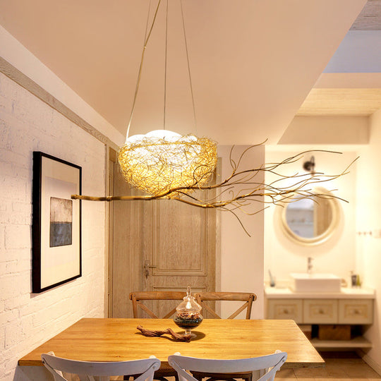 Children's Gold Pendant Light Chandelier with Bird Nest & Egg for Balcony or Hallway