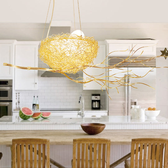 Children's Gold Pendant Light Chandelier with Bird Nest & Egg for Balcony or Hallway