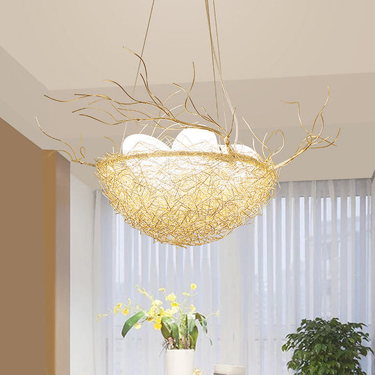Children's Gold Pendant Light Chandelier with Bird Nest & Egg for Balcony or Hallway
