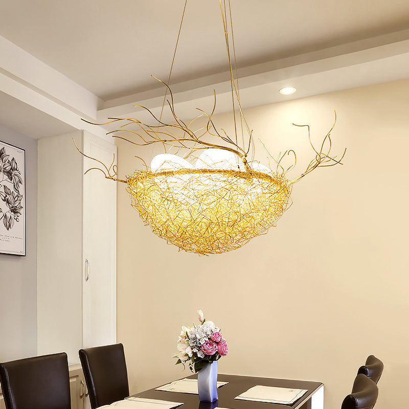 Children's Gold Pendant Light Chandelier with Bird Nest & Egg for Balcony or Hallway