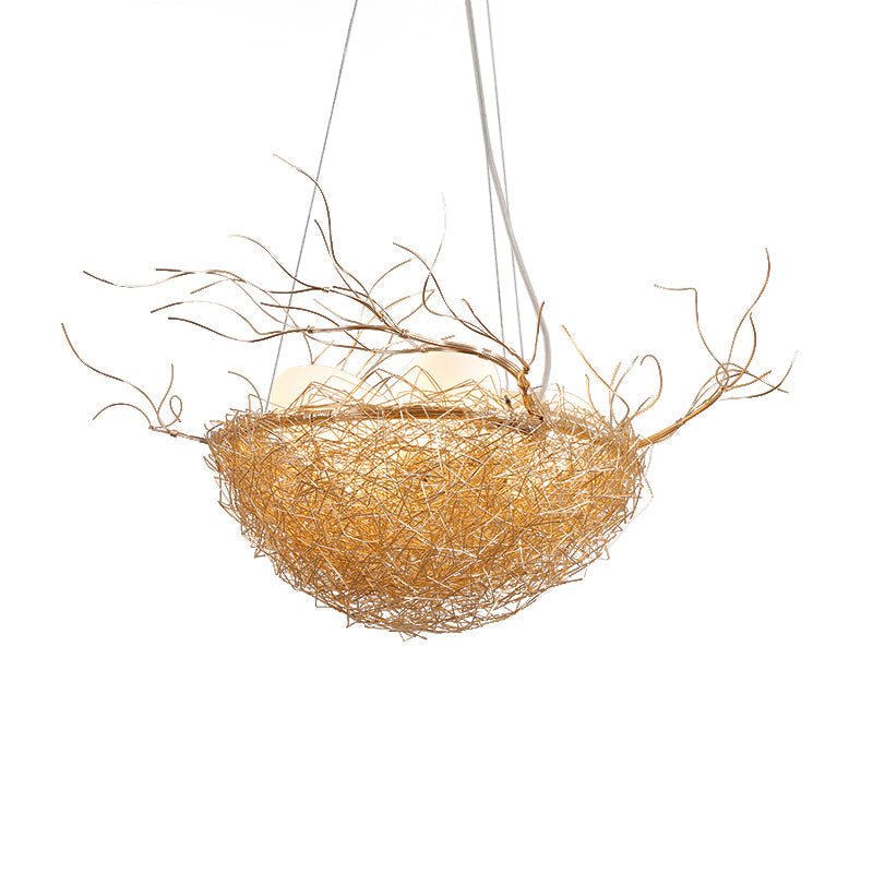 Children's Gold Pendant Light Chandelier with Bird Nest & Egg for Balcony or Hallway