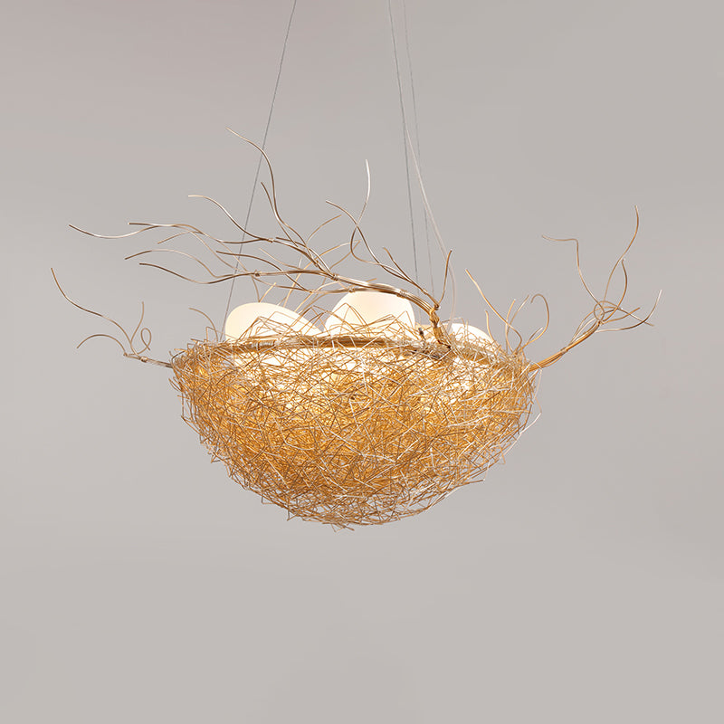 Children's Gold Pendant Light Chandelier with Bird Nest & Egg for Balcony or Hallway