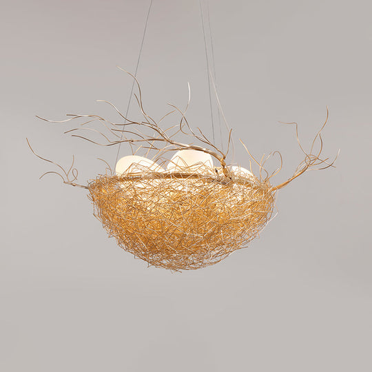Children's Gold Pendant Light Chandelier with Bird Nest & Egg for Balcony or Hallway