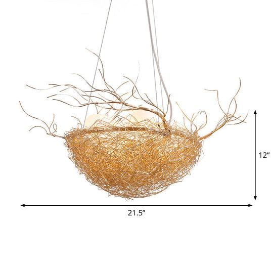 Children's Gold Pendant Light Chandelier with Bird Nest & Egg for Balcony or Hallway