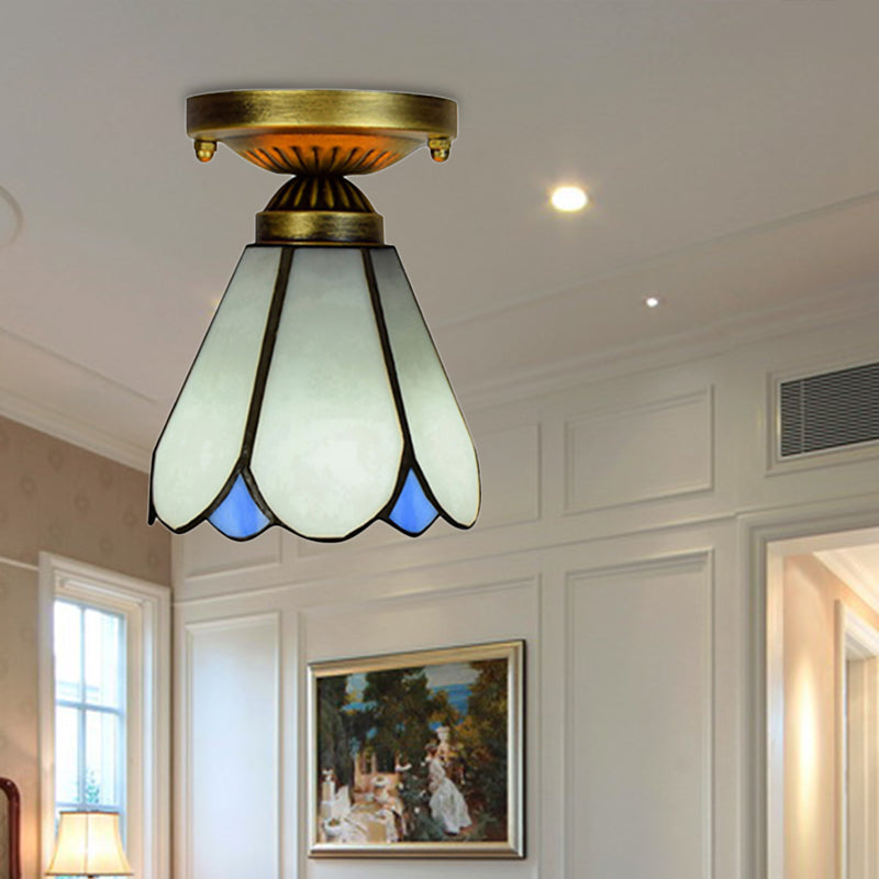 White Art Glass Conical Ceiling Light - Tiffany Style Kitchen Lamp