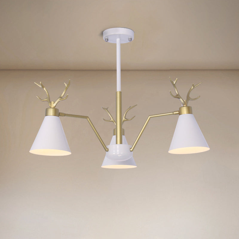 Nordic Deer Horn Cone Hanging Lamp: 3-Light Metal Chandelier for Cafes & Restaurants