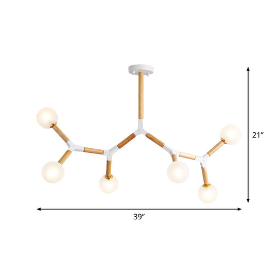 Wooden Branch Chandelier with 6 Lights, Beige Hanging Lamp Kit and Frosted Glass Shade