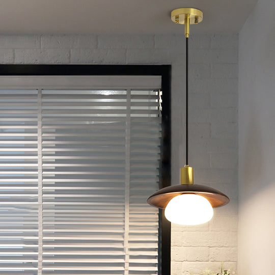 Modern White Glass Ball/Bun Suspension Lamp with Wood Saucer Top in Brown - 1-Light Down Lighting