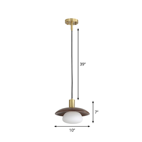 Modern White Glass Ball/Bun Suspension Lamp with Wood Saucer Top in Brown - 1-Light Down Lighting