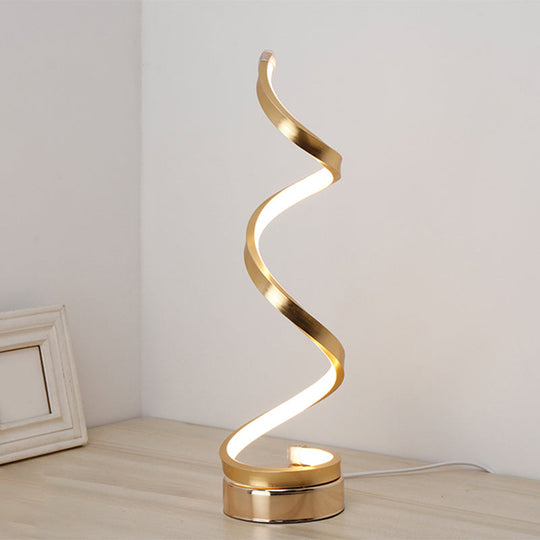 Sleek Spiral Ribbon Metal Table Lamp: Simplicity Black/White/Gold LED Task Lighting with Circle Pedestal in Warm/White Light