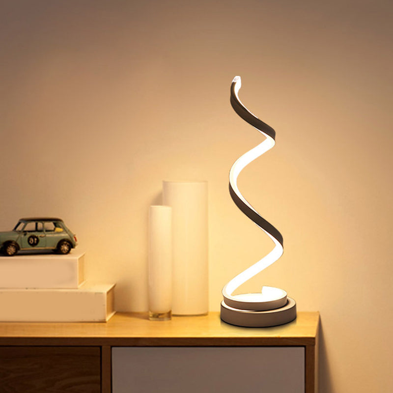 Sleek Spiral Ribbon Metal Table Lamp: Simplicity Black/White/Gold LED Task Lighting with Circle Pedestal in Warm/White Light