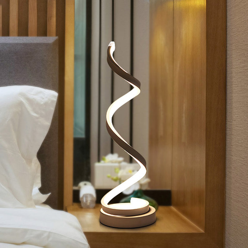 Sleek Spiral Ribbon Metal Table Lamp: Simplicity Black/White/Gold LED Task Lighting with Circle Pedestal in Warm/White Light