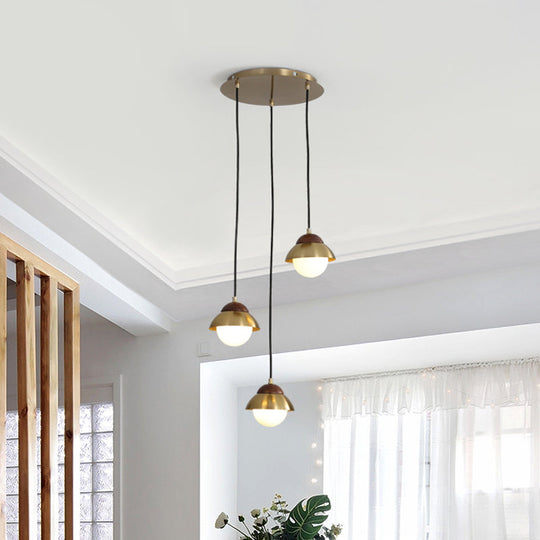 Metal Dome Pendant Light Kit with Opal Glass Shade - Simplicity Design, Brass Finish, Multiple Lamps - 12"/23.5" Width, 3-Bulb Hanging Fixture