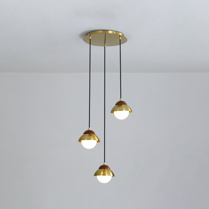 Metal Dome Pendant Light Kit with Opal Glass Shade - Simplicity Design, Brass Finish, Multiple Lamps - 12"/23.5" Width, 3-Bulb Hanging Fixture
