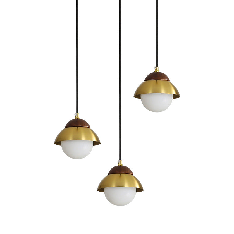 Metal Dome Pendant Light Kit with Opal Glass Shade - Simplicity Design, Brass Finish, Multiple Lamps - 12"/23.5" Width, 3-Bulb Hanging Fixture