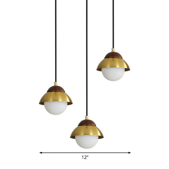 Metal Dome Pendant Light Kit with Opal Glass Shade - Simplicity Design, Brass Finish, Multiple Lamps - 12"/23.5" Width, 3-Bulb Hanging Fixture