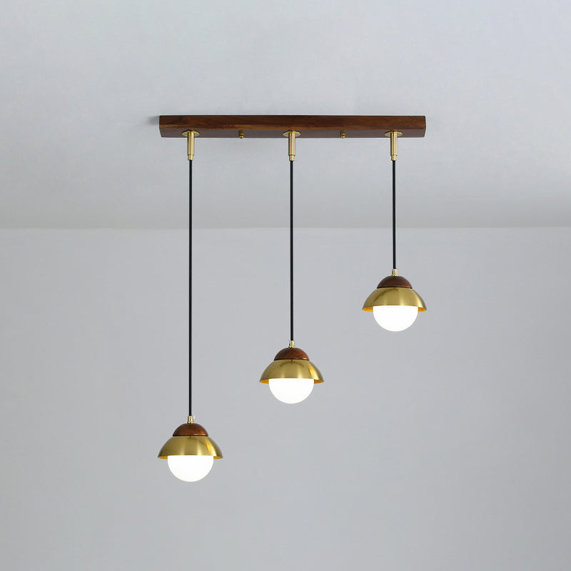 Metal Dome Pendant Light Kit with Opal Glass Shade - Simplicity Design, Brass Finish, Multiple Lamps - 12"/23.5" Width, 3-Bulb Hanging Fixture