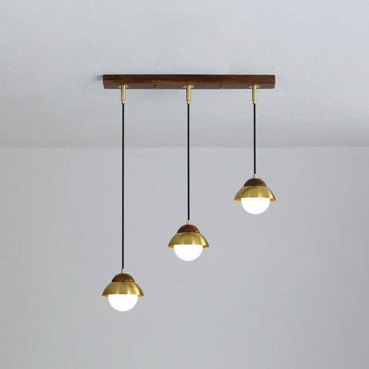Metal Dome Pendant Light Kit with Opal Glass Shade - Simplicity Design, Brass Finish, Multiple Lamps - 12"/23.5" Width, 3-Bulb Hanging Fixture